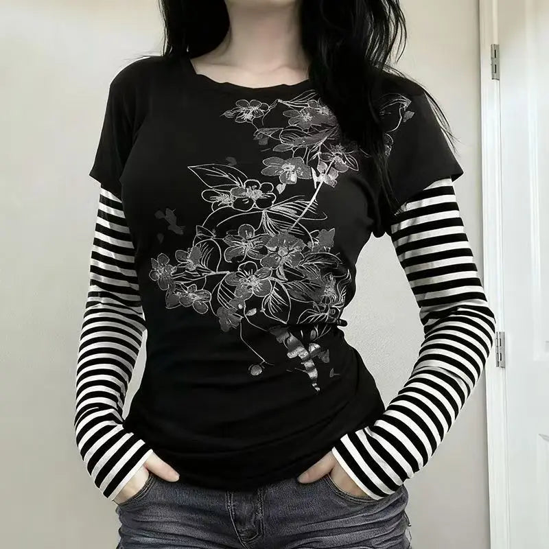 American Subculture Punk Print T-Shirt Harajuku Striped Patchwork Tshirts Retro Y2K Gothic Tee Hip-Hop Hottie Fake Two-Piece Top