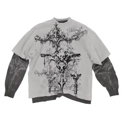 2000S American Skull Pattern Long Sleeved T Shirt Fashion round Neck Oversized T Shirt New Mens Casual Gothic Clothing Tops